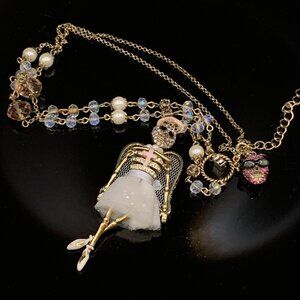 Betsey Johnson Film Noir Angel Skull Skeleton Girl w/ Devil Skull Necklace J685